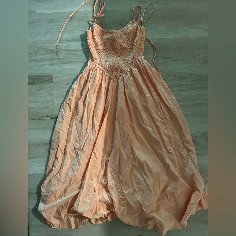 Smocked Bodice Peach Dress with Tie Straps